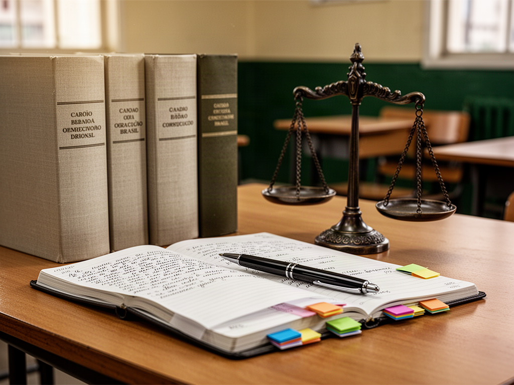 Fotografia ilustrativa de uma mesa de estudo de Direito com livros, caderno e balança da justiça