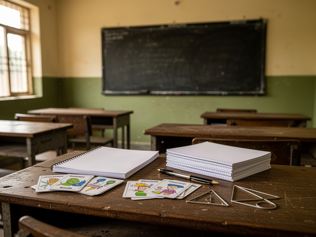 Illustrative Indian classroom with wooden desks and teaching materials used for teacher-eligibility exam preparation