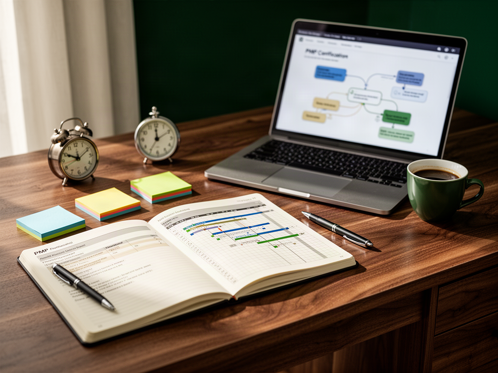 Illustrative still-life photograph of a project-management study desk with project plans, a notebook and laptop