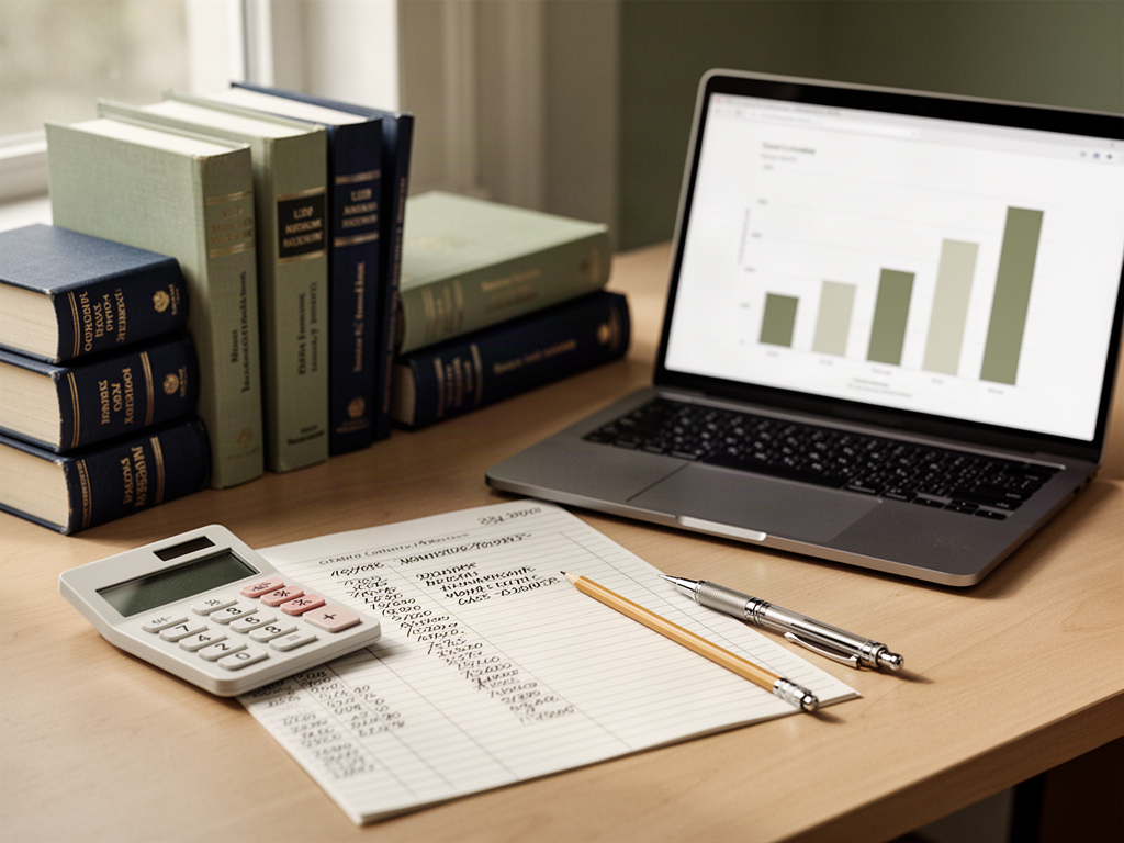 Illustrative accountant exam preparation with calculator, ledger and laptop on a desk